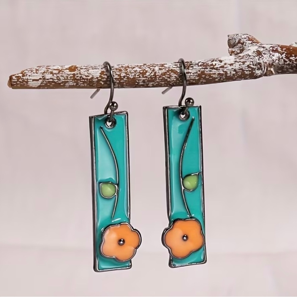 Blue Floral Enamel Bar Dangle Earrings NWOT - Picture 2 of 6
